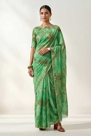 Thee Modern Roots Linen Printed Saree With Running Blouse 