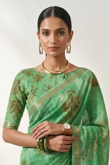 Buy Thee Modern Roots Green Linen Printed Saree With Running Blouse Online at Aza Fashions Buy_Thee Modern Roots_Green Linen Printed Saree With Running Blouse _Online_at_Aza_Fashions