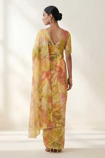Thee Modern Roots Watercolor Floral Print Saree With Running Blouse 