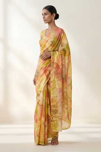 Thee Modern Roots Yellow Linen Watercolor Floral Print Saree With Running Blouse Online at Aza Fashions Thee Modern Roots_Yellow Linen Watercolor Floral Print Saree With Running Blouse _Online_at_Aza_Fashions