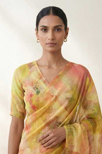 Buy Thee Modern Roots Yellow Linen Watercolor Floral Print Saree With Running Blouse Online at Aza Fashions Buy_Thee Modern Roots_Yellow Linen Watercolor Floral Print Saree With Running Blouse _Online_at_Aza_Fashions