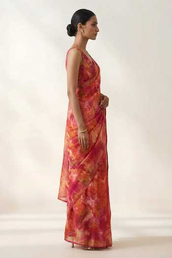 Thee Modern Roots Orange Linen Printed Saree With Running Blouse Online at Aza Fashions Thee Modern Roots_Orange Linen Printed Saree With Running Blouse _Online_at_Aza_Fashions