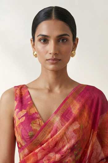 Buy Thee Modern Roots Orange Linen Printed Saree With Running Blouse Online at Aza Fashions Buy_Thee Modern Roots_Orange Linen Printed Saree With Running Blouse _Online_at_Aza_Fashions