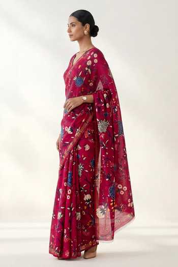 Thee Modern Roots Pink Linen Floral Print Saree With Running Blouse Online at Aza Fashions Thee Modern Roots_Pink Linen Floral Print Saree With Running Blouse _Online_at_Aza_Fashions