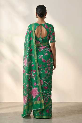 Thee Modern Roots Floral Print Linen Saree With Running Blouse 