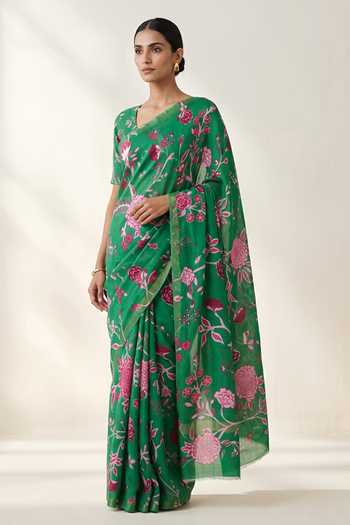 Thee Modern Roots Floral Print Linen Saree With Running Blouse 