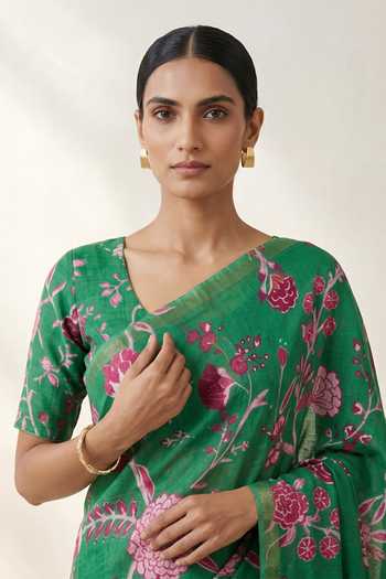 Buy Thee Modern Roots Emerald Green Linen Floral Print Saree With Running Blouse Online at Aza Fashions Buy_Thee Modern Roots_Emerald Green Linen Floral Print Saree With Running Blouse _Online_at_Aza_Fashions