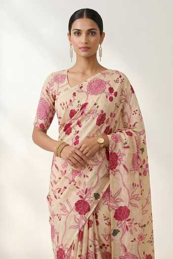 Buy Thee Modern Roots Cream Linen Printed Saree With Running Blouse Online at Aza Fashions Buy_Thee Modern Roots_Cream Linen Printed Saree With Running Blouse _Online_at_Aza_Fashions