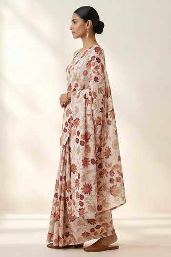 Thee Modern Roots Ivory Linen Floral Print Saree And Running Blouse Set Online at Aza Fashions Thee Modern Roots_Ivory Linen Floral Print Saree And Running Blouse Set _Online_at_Aza_Fashions