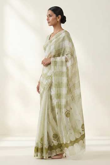 Buy Thee Modern Roots Olive Green Organza Checkered Print Saree With Running Blouse Online at Aza Fashions Buy_Thee Modern Roots_Olive Green Organza Checkered Print Saree With Running Blouse _Online_at_Aza_Fashions