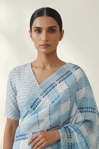 Thee Modern Roots Blue Organza Checked Print Saree And Running Blouse Set Online at Aza Fashions Thee Modern Roots_Blue Organza Checked Print Saree And Running Blouse Set _Online_at_Aza_Fashions