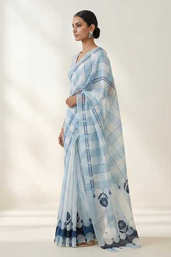 Buy Thee Modern Roots Blue Organza Checked Print Saree And Running Blouse Set Online at Aza Fashions Buy_Thee Modern Roots_Blue Organza Checked Print Saree And Running Blouse Set _Online_at_Aza_Fashions