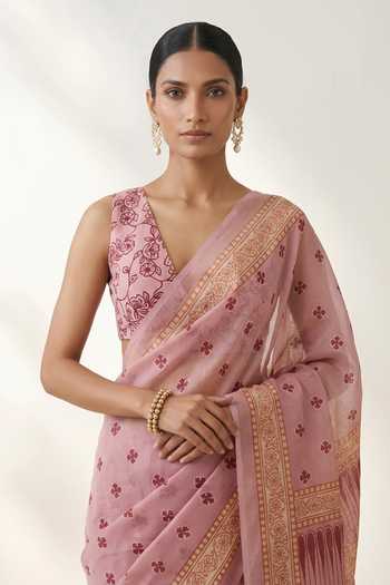 Thee Modern Roots Pink Organza Printed Saree With Running Blouse Online at Aza Fashions Thee Modern Roots_Pink Organza Printed Saree With Running Blouse _Online_at_Aza_Fashions