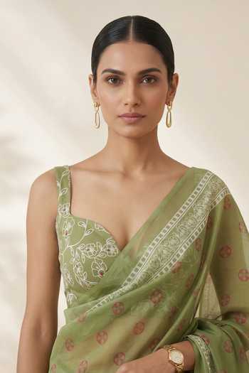 Thee Modern Roots Olive Green Organza Printed Saree With Running Blouse Online at Aza Fashions Thee Modern Roots_Olive Green Organza Printed Saree With Running Blouse _Online_at_Aza_Fashions
