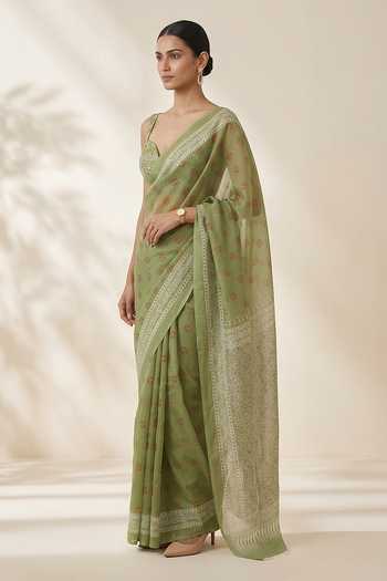 Buy Thee Modern Roots Olive Green Organza Printed Saree With Running Blouse Online at Aza Fashions Buy_Thee Modern Roots_Olive Green Organza Printed Saree With Running Blouse _Online_at_Aza_Fashions