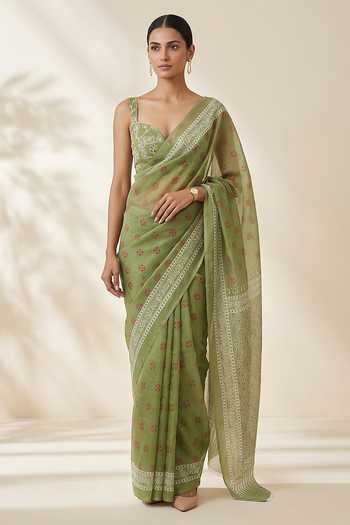 Thee Modern Roots Printed Organza Saree With Running Blouse 