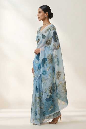 Thee Modern Roots Blue Organza Floral Print Saree With Running Blouse Online at Aza Fashions Thee Modern Roots_Blue Organza Floral Print Saree With Running Blouse _Online_at_Aza_Fashions