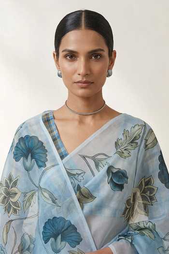Buy Thee Modern Roots Blue Organza Floral Print Saree With Running Blouse Online at Aza Fashions Buy_Thee Modern Roots_Blue Organza Floral Print Saree With Running Blouse _Online_at_Aza_Fashions