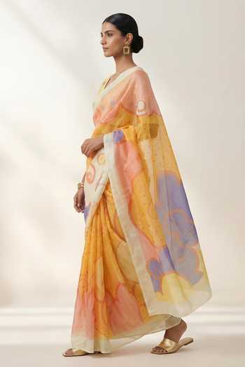 Thee Modern Roots Yellow Organza Abstract Print Saree With Running Blouse Online at Aza Fashions Thee Modern Roots_Yellow Organza Abstract Print Saree With Running Blouse _Online_at_Aza_Fashions