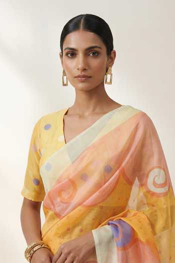 Buy Thee Modern Roots Yellow Organza Abstract Print Saree With Running Blouse Online at Aza Fashions Buy_Thee Modern Roots_Yellow Organza Abstract Print Saree With Running Blouse _Online_at_Aza_Fashions