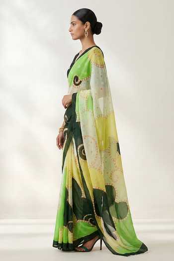 Buy Thee Modern Roots Green Organza Graphic Print Saree With Running Blouse Online at Aza Fashions Buy_Thee Modern Roots_Green Organza Graphic Print Saree With Running Blouse _Online_at_Aza_Fashions