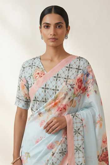 Thee Modern Roots Sky Blue Crepe Floral Print Saree With Running Blouse Online at Aza Fashions Thee Modern Roots_Sky Blue Crepe Floral Print Saree With Running Blouse _Online_at_Aza_Fashions