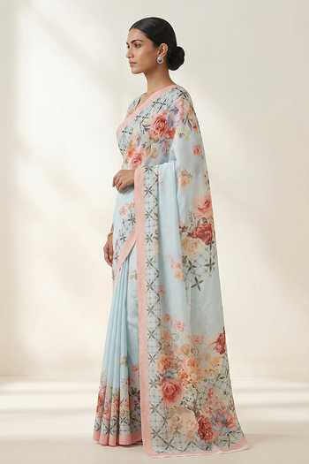 Buy Thee Modern Roots Sky Blue Crepe Floral Print Saree With Running Blouse Online at Aza Fashions Buy_Thee Modern Roots_Sky Blue Crepe Floral Print Saree With Running Blouse _Online_at_Aza_Fashions