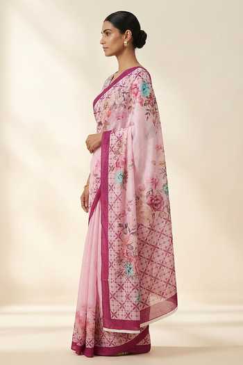 Thee Modern Roots Pink Crepe Floral Print Saree With Running Blouse Online at Aza Fashions Thee Modern Roots_Pink Crepe Floral Print Saree With Running Blouse _Online_at_Aza_Fashions