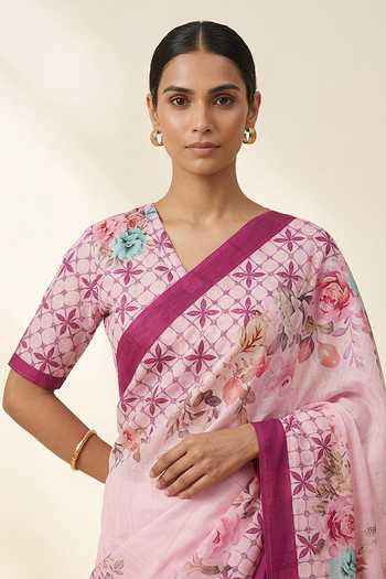 Buy Thee Modern Roots Pink Crepe Floral Print Saree With Running Blouse Online at Aza Fashions Buy_Thee Modern Roots_Pink Crepe Floral Print Saree With Running Blouse _Online_at_Aza_Fashions