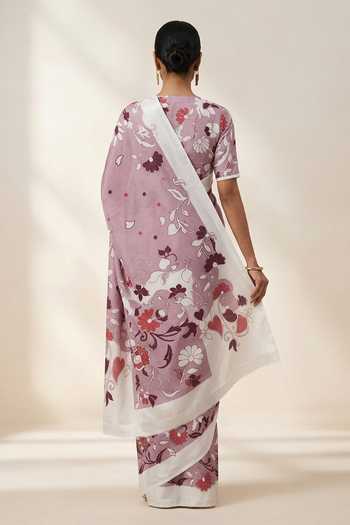 Thee Modern Roots Illustrated Floral Print Saree With Running Blouse 