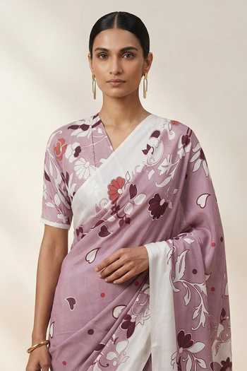 Thee Modern Roots Purple Crepe Illustrated Floral Print Saree With Running Blouse Online at Aza Fashions Thee Modern Roots_Purple Crepe Illustrated Floral Print Saree With Running Blouse _Online_at_Aza_Fashions