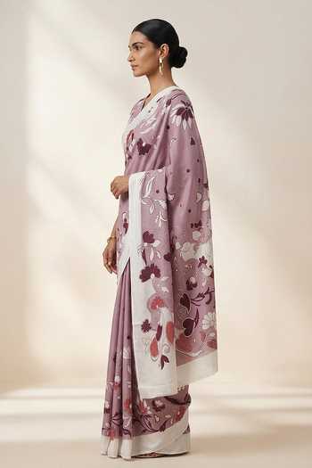 Buy Thee Modern Roots Purple Crepe Illustrated Floral Print Saree With Running Blouse Online at Aza Fashions Buy_Thee Modern Roots_Purple Crepe Illustrated Floral Print Saree With Running Blouse _Online_at_Aza_Fashions