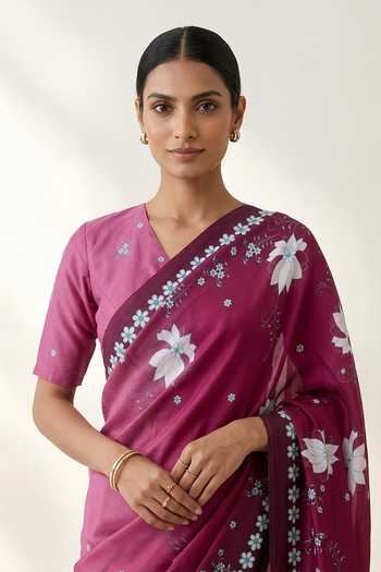 Buy Thee Modern Roots Magenta Crepe Floral Print Saree And Running Blouse Set Online at Aza Fashions Buy_Thee Modern Roots_Magenta Crepe Floral Print Saree And Running Blouse Set _Online_at_Aza_Fashions