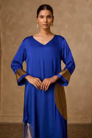 Shop Vasstram Blue Satin, Tissue, Modal V-neck Rangoli Kaftan And Pant Set Online at Aza Fashions Shop_Vasstram_Blue Satin, Tissue, Modal V-neck Rangoli Kaftan And Pant Set _Online_at_Aza_Fashions