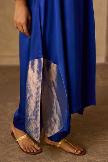 Vasstram Blue Satin, Tissue, Modal V-neck Rangoli Kaftan And Pant Set at Aza Fashions Vasstram_Blue Satin, Tissue, Modal V-neck Rangoli Kaftan And Pant Set _at_Aza_Fashions