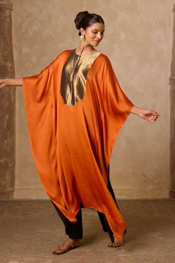 Shop_Vasstram_Black Satin, Tissue, Modal Round Neck Haar Colorblock Kaftan _Online_at_Aza_Fashions