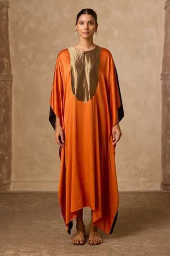 Vasstram_Black Satin, Tissue, Modal Round Neck Haar Colorblock Kaftan _at_Aza_Fashions