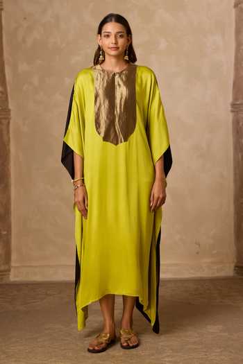 Vasstram_Black Satin, Tissue, Modal Round Neck Haar Colorblock Kaftan _Online_at_Aza_Fashions