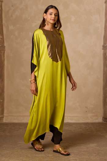 Shop_Vasstram_Black Satin, Tissue, Modal Round Neck Haar Colorblock Kaftan _Online_at_Aza_Fashions