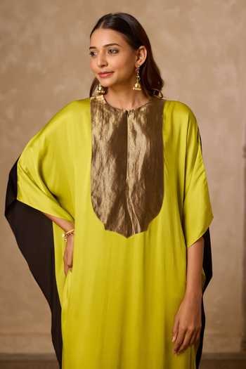 Vasstram_Black Satin, Tissue, Modal Round Neck Haar Colorblock Kaftan _at_Aza_Fashions