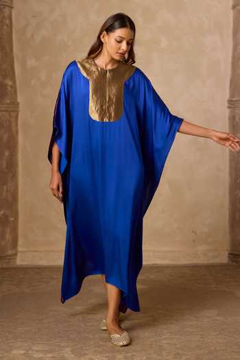 Shop Vasstram Blue Satin, Tissue, Modal Round Neck Haar Dual Tone Kaftan Online at Aza Fashions Shop_Vasstram_Blue Satin, Tissue, Modal Round Neck Haar Dual Tone Kaftan _Online_at_Aza_Fashions