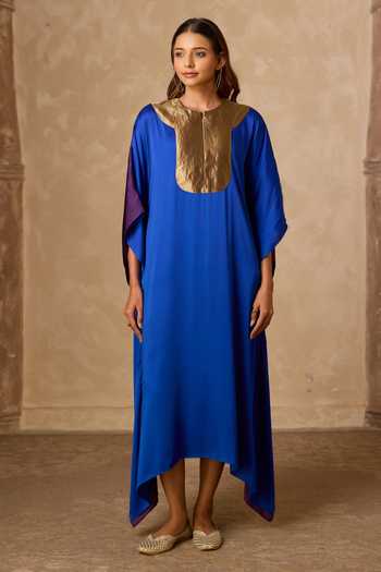 Vasstram Blue Satin, Tissue, Modal Round Neck Haar Dual Tone Kaftan at Aza Fashions Vasstram_Blue Satin, Tissue, Modal Round Neck Haar Dual Tone Kaftan _at_Aza_Fashions