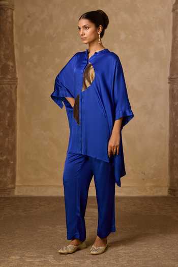 Vasstram_Blue Satin, Tissue, Modal Mandarin Collar Zoha Anti Fit Shirt And Set _Online_at_Aza_Fashions