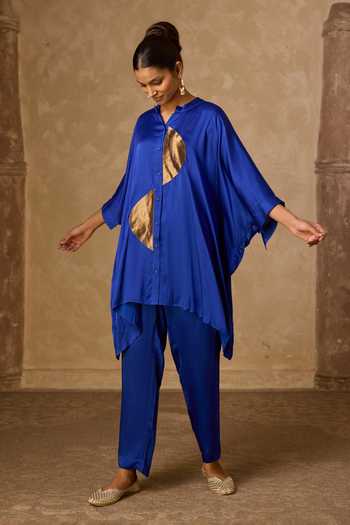 Buy_Vasstram_Blue Satin, Tissue, Modal Mandarin Collar Zoha Anti Fit Shirt And Set _Online_at_Aza_Fashions