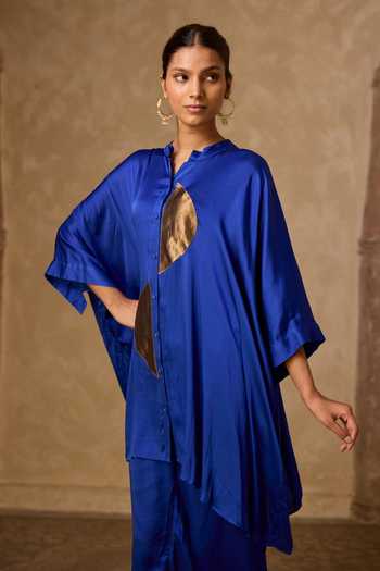 Shop_Vasstram_Blue Satin, Tissue, Modal Mandarin Collar Zoha Anti Fit Shirt And Set _Online_at_Aza_Fashions
