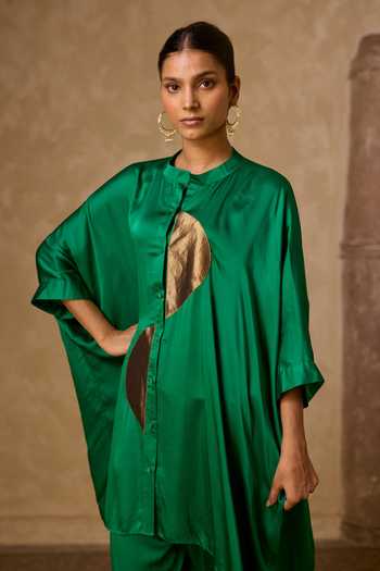 Vasstram_Green Satin, Tissue, Modal Mandarin Collar Zoha Anti Fit Shirt And Set _Online_at_Aza_Fashions