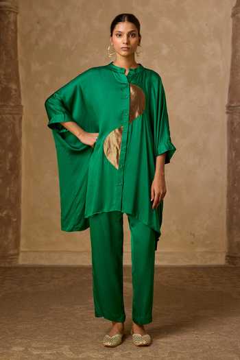 Buy_Vasstram_Green Satin, Tissue, Modal Mandarin Collar Zoha Anti Fit Shirt And Set _Online_at_Aza_Fashions
