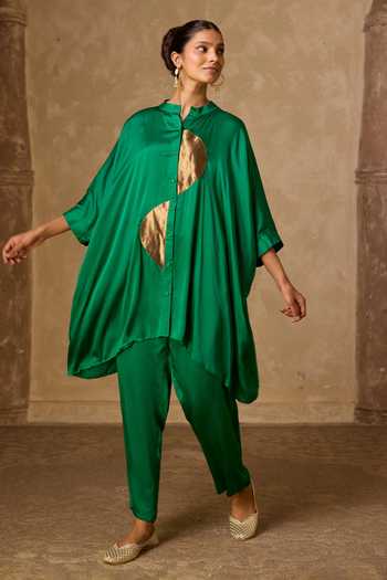 Shop_Vasstram_Green Satin, Tissue, Modal Mandarin Collar Zoha Anti Fit Shirt And Set _Online_at_Aza_Fashions