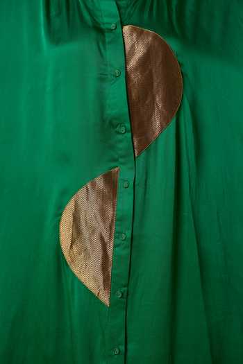 Vasstram_Green Satin, Tissue, Modal Mandarin Collar Zoha Anti Fit Shirt And Set _at_Aza_Fashions