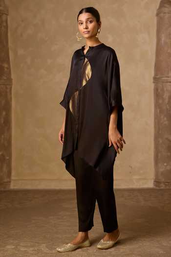 Vasstram_Black Satin, Tissue, Modal Mandarin Collar Zoha Anti Fit Shirt And Set _Online_at_Aza_Fashions